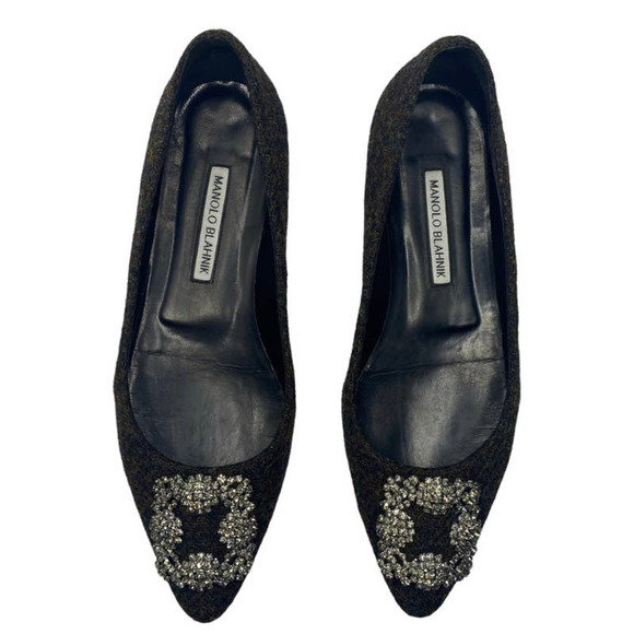 Manolo Blahnik Shoes - Manolo Blahnik  Hangisflat Tweed Green Jewel Buckle Flat Shoes 39